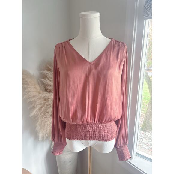 Joie Smocked Puff Sleeve Blouse Womens Small Mauve Dusty Rose Pink Top - Picture 1 of 7